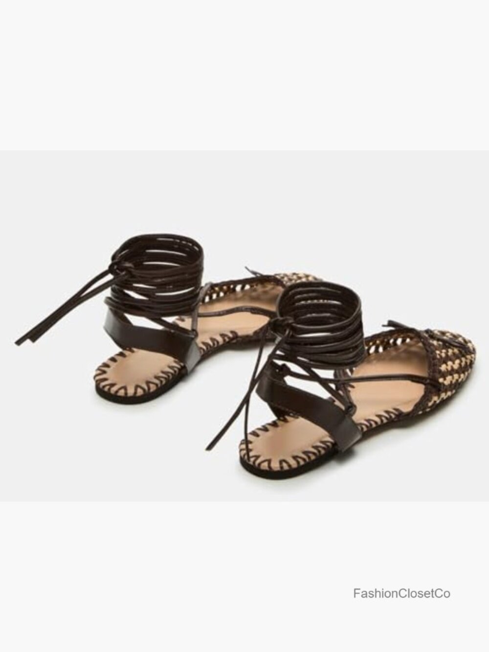 Woven Ballet Flats Lace Up Closed Square Toe Summer Flats Shoes - Picture 5 of 5